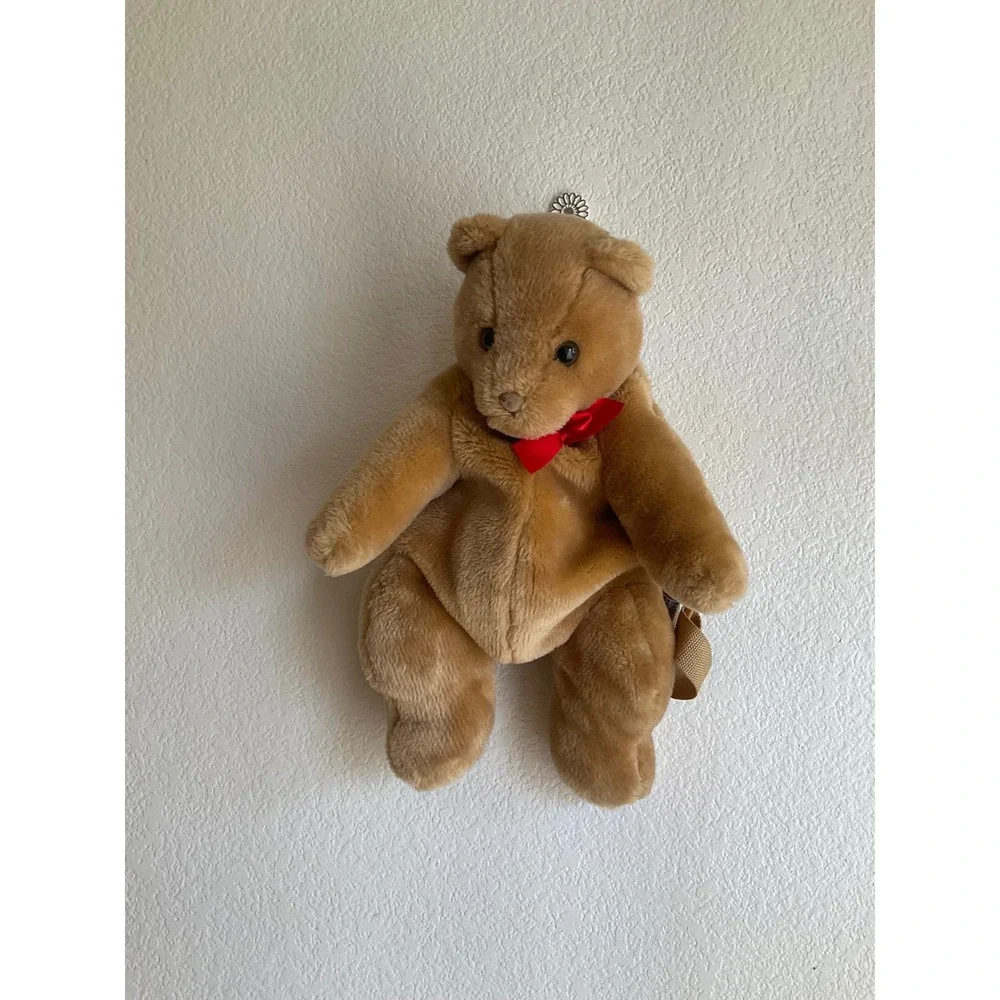 Vintage Plush Teddy Bear Backpack Tan Brown Faux Fur Red kawaii Bow Novelty Bag